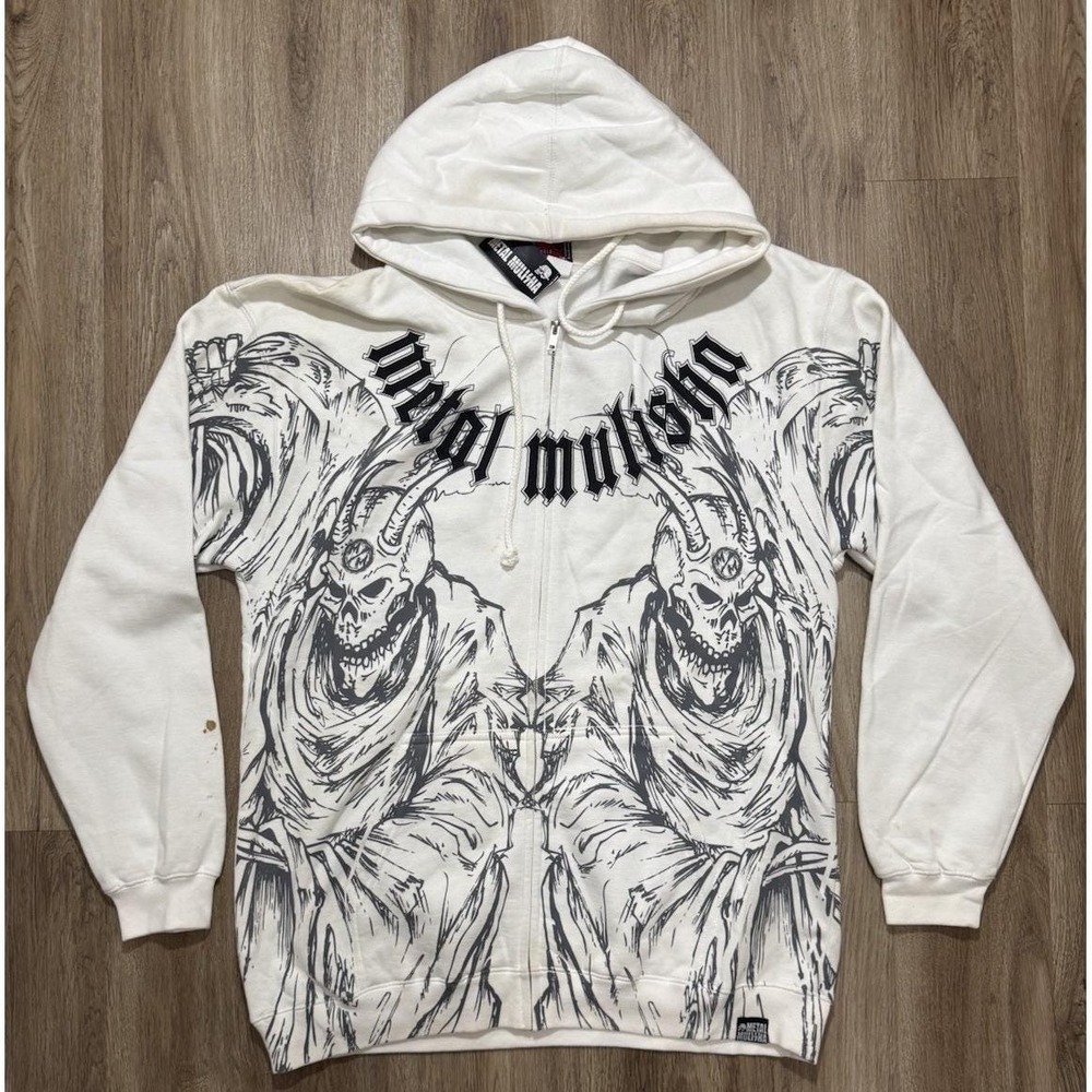 Y2K Metal Mulisha Motorcross Skull White Hoodie Size L